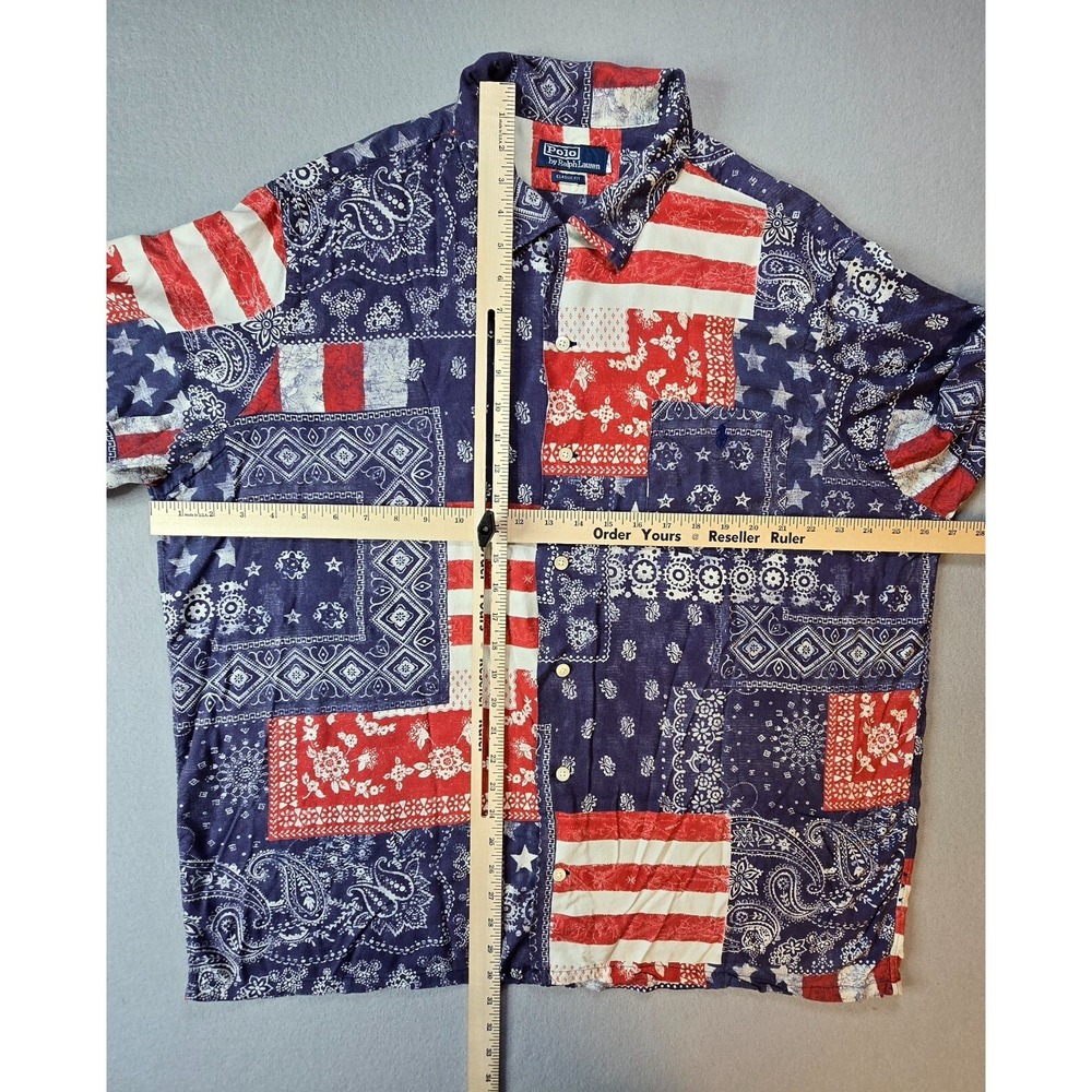 Vintage Polo Ralph Lauren Mens Shirt 2XL Blue Red Americana Patchwork Bandana - Picture 2 of 7